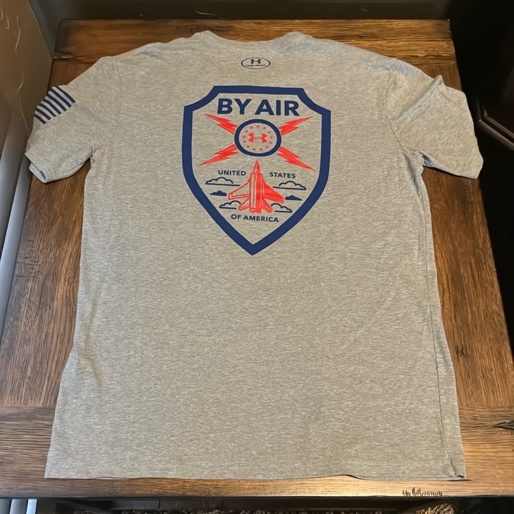 Under Armor‎ Grey Cotton Airforce Design short sleeve. Adult small.